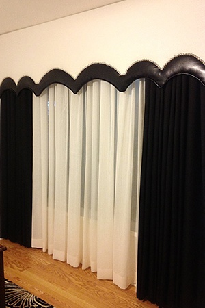 Black and white curtains with cornice boxes